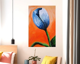 tulip painting, orange and blue, flower Painting, floral fine art, contemporary art, expressionistic art, Ella Bloom, 60 x 90 cm