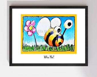 A child's bee print, 'Who Me?', bashful bee print, bee and flower, stripy bee print, pink flower, bashful bee, bee print, Ella Bloom art