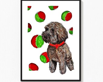 Cockapoo portrait print, chocolate cockapoo print, cockapoo dream print, cockapoo dog print, with red collar and heart, red and green balls