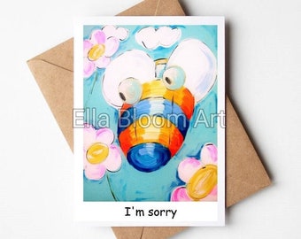 A6 printed greeting card, I'm Sorry card, bee and pink flowers, bee card, blank inside, yellow and blue, premium card, fun and vibrant