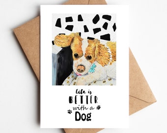 King Charles Cavalier spaniel greeting card, life is better with a King Charles Cavalier dog, King Charles dog on the sofa with a bee throw