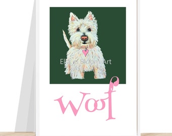 Westie dog print, westie girl dog print, westie print, westie with a pink heart collar on a dark dark green background, candy pink type