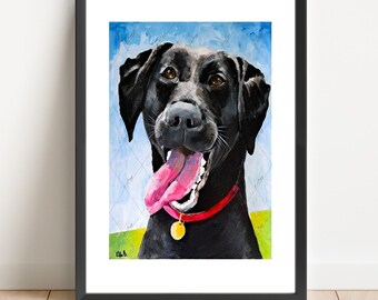 Black lab print, tongue out tuesday, black lab, labrador art print, dog print, black lab with a red collar, blue skies and green grass