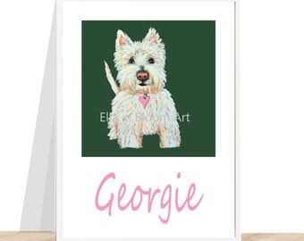 Westie print, personalised westie print, pink heart, pink collar, named girl westie print on a dark green background and your chosen name