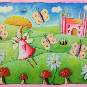 30 x 40inch, fairy painting, fairy art work, fairy castle, pink fairy castle, girls fairy scene, fairy scene, little girls art, girls art image 2