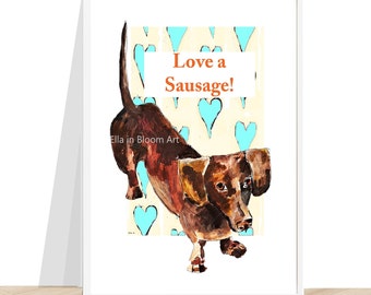 Sausage dog print, chocolate sausage, brown sausage dog, love a sausage print,  sausage dog on blue hearts with 'love a sausage!' in orange