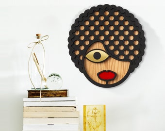 Vrouwen, krullend haar, decoratief masker, woonkamer muur decor, houten muur opknoping, moderne muur decor, stedelijke kunst, 3D kunst aan de muur