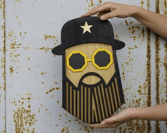 Hipster Man, Decoratief Masker, Woonkamer Muur Decor, Houten Muur Hangen, Moderne Muur Decor, Stedelijke Kunst, 3D Muurkunst,