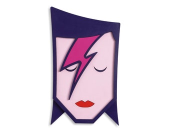 David Bowie, poppictogram, decoratief masker, Ziggy Stardust, modern muurdecor, muziekmuurdecor, houten muurhangen, stedelijke kunst, 3D-muurkunst