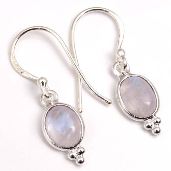 Silver Gemstone Earrings Bridesmaid Earring Rainbow Moonstone Silver Earrings June Birthstone Earrings Bezel Drop Earring J792