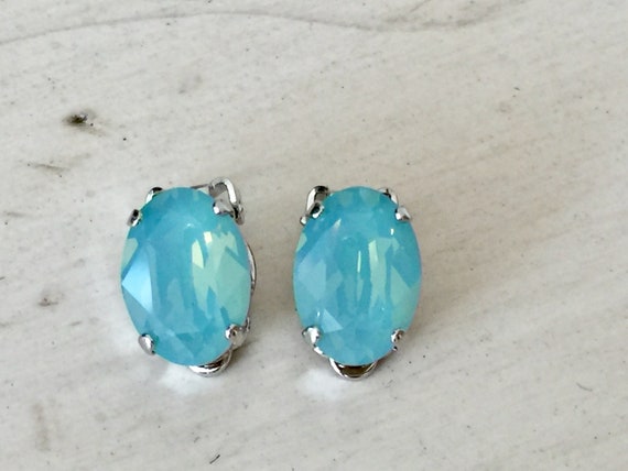 Oval Pacific Opal Swarovski Crystal Clip On Earrings, Silver