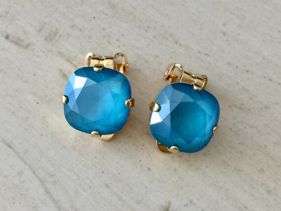 Azure Blue Lacquer Swarovski Crystal Clip On Earrings, Yellow Gold