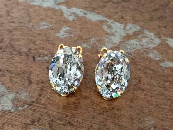Oval Gold Patina Swarovski Crystal Clip On Earrings, Yellow Gold