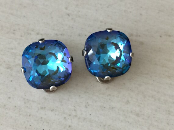 Army Green DeLite Swarovski Crystal Clip On Earrings, Antique Silver