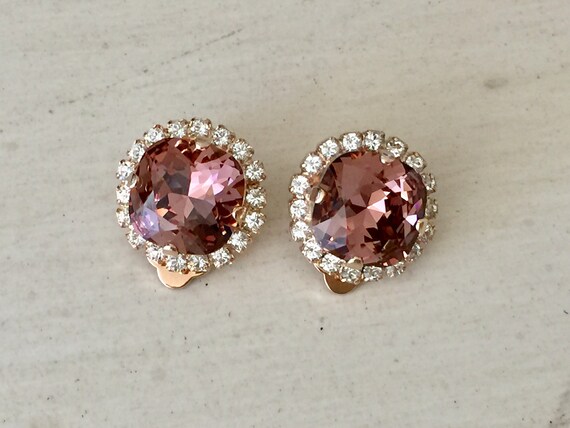 Blush Rose & Clear Swarovski Crystal Clip On Earrings, Rose Gold