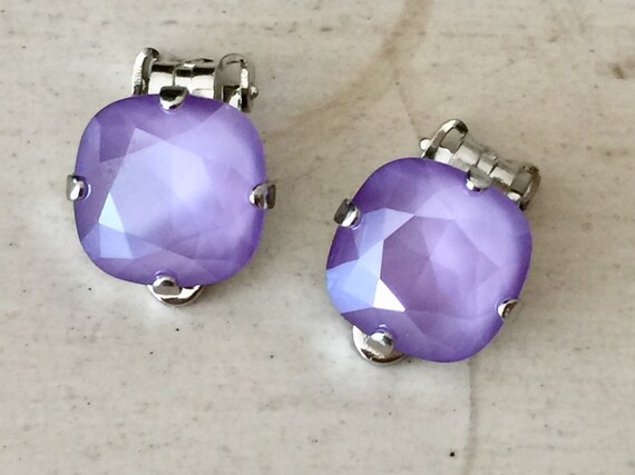 Lilac Lacquer Swarovski Crystal Clip On Earrings, Silver