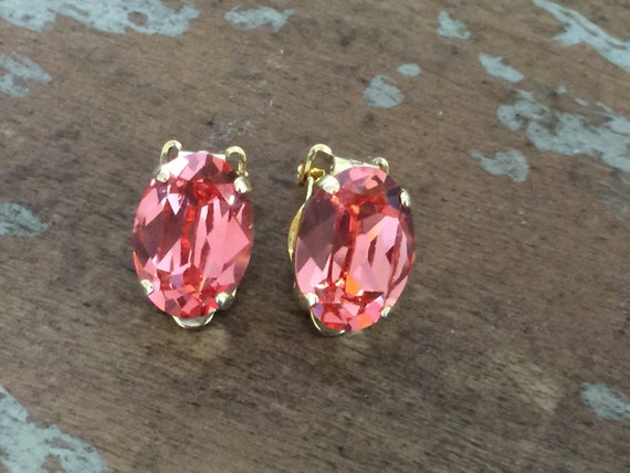 Oval Rose Peach Swarovski Crystal Clip On Earrings, Yellow Gold