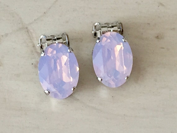 Oval Rose Water Opal Swarovski Crystal Clip On Earrings, Silver