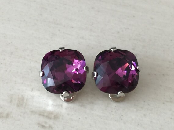 Amethyst Swarovski Crystal Clip On Earrings, Silver
