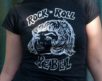 Women's Rock 'n Roll t-shirt, Rock n Roll Rebel, rock 'n roll girl tee, women's uk size small black t-shirt, retro screenprinted shirt