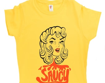 Saucy T-shirt, Women's yellow screenprinted retro t-shirt, vintage inspired printed tee, women's fitted yellow t-shirt, size medium, xlarge