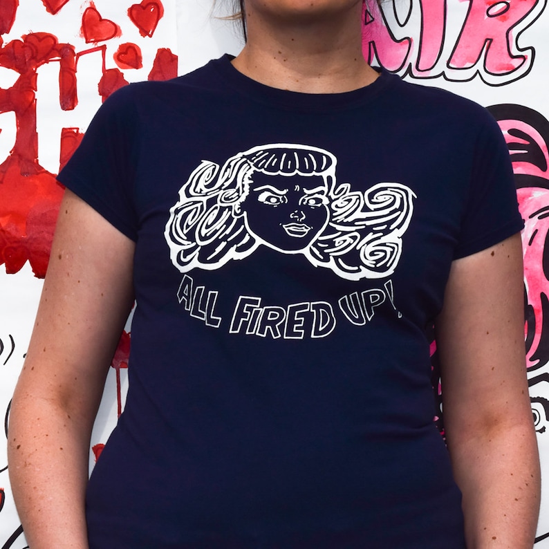 All Fired Up! T shirt, Women's Hand Printed T shirt, Women's Printed Black T shirt, Statement Shirt, Retro Printed T shirt, Fitzygogo! Shirt All Fired Up! T shirt, Women's Hand Printed T shirt, Women's Printed Black T shirt, Statement Shirt, Retro Printed T shirt, Fitzygogo! Shirt