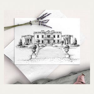 May include: Black and white pen and ink drawing of a stately home with a long staircase leading to the entrance. The drawing is on a white card, with lavender sprigs in the upper left corner. The card is on a white envelope.