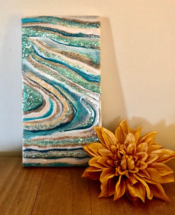 Resin Swirl Painting On Wood Sparkles Beach Decor Wall Art Etsy