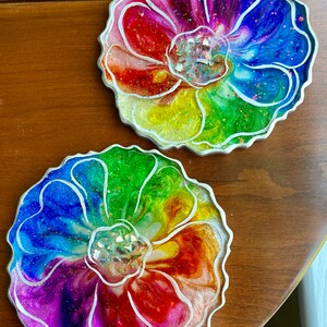 PRIDE Rainbow Resin Coasters with Handpainted Silver Flowers and Crushed Mirrors and Iridescent Glitter, Set of 2