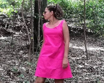 Mexican embroidered dress * AZTECA *, fuchsia, size L, hand embroidery, bohemian style, cotton, ethnic dress, artisan, pre-mom, gift
