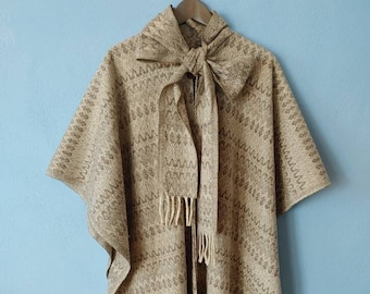 Gray and beige wool poncho with bow and fringes. long wool cape with buttons and tie. vintage mexican poncho in bohemian style. present