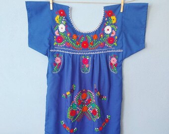 Mexican girl dress * CHILAC * Navie Blue dress size 12 years/XS, hand embroidered dress, summer girl dress, vintage dress, flower dress