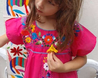 Mexican girl dress * CHILAC * pink dress, size 8 dress, embroidered girl dress, summer girl dress, flower girl dress, handmade