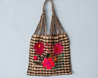 Hand embroidered wool Vichy bag. HAMMOCK. winter bag. bohemian style bag. mexican bag. plaid tote bag. vintage 60s bag