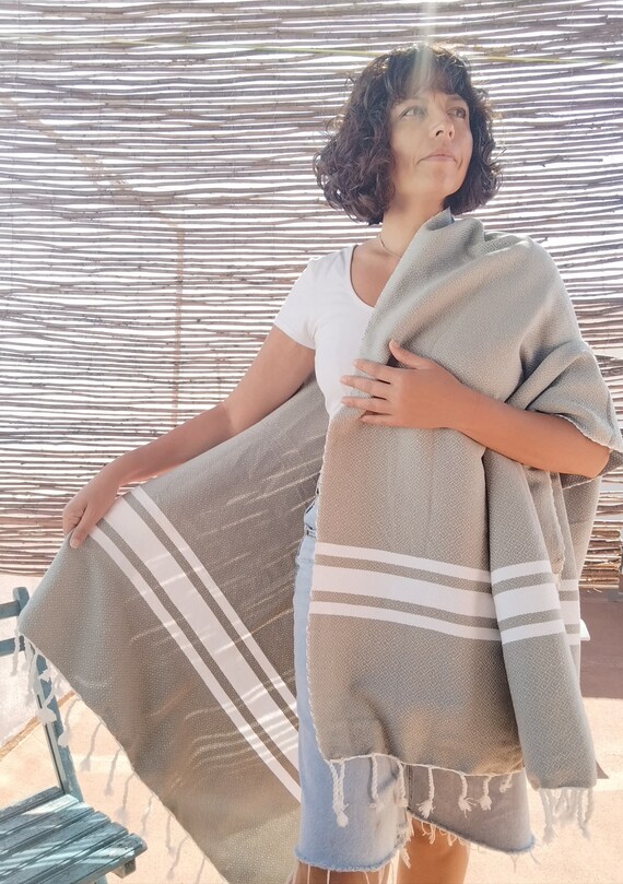 Moroccan  fringed blanket  KAKI cotton / Moroccan bed cover // Moroccan beach towel// decorative Moroccan blanket//  xmas gift