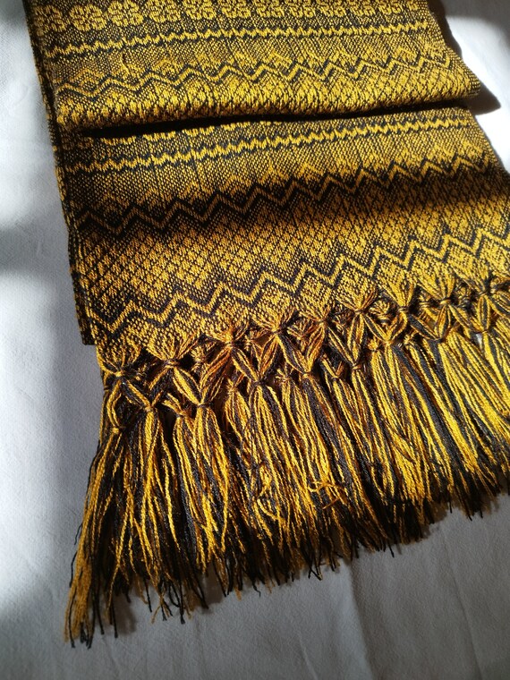 Mexican Rebozo scarf, ochre/black, unisex pashmina shawl, ethnic Boho, doula, babywearing scarf