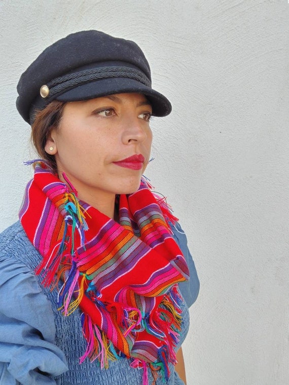 Multicolor infinity scarf with macrame fringes. multicolor mock collar. rainbow bohemian scarf. red ethnic scarf. woman scarf. red scarf