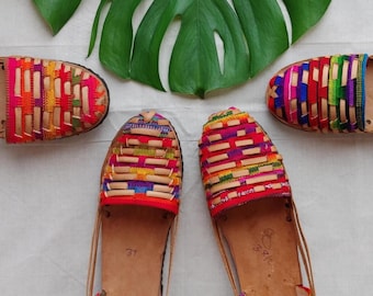 girl sandals  rainbow * HUARACHES * size 35 EU, natural leather / textile sandals, vintage sandals, bohemian sandals, handmade