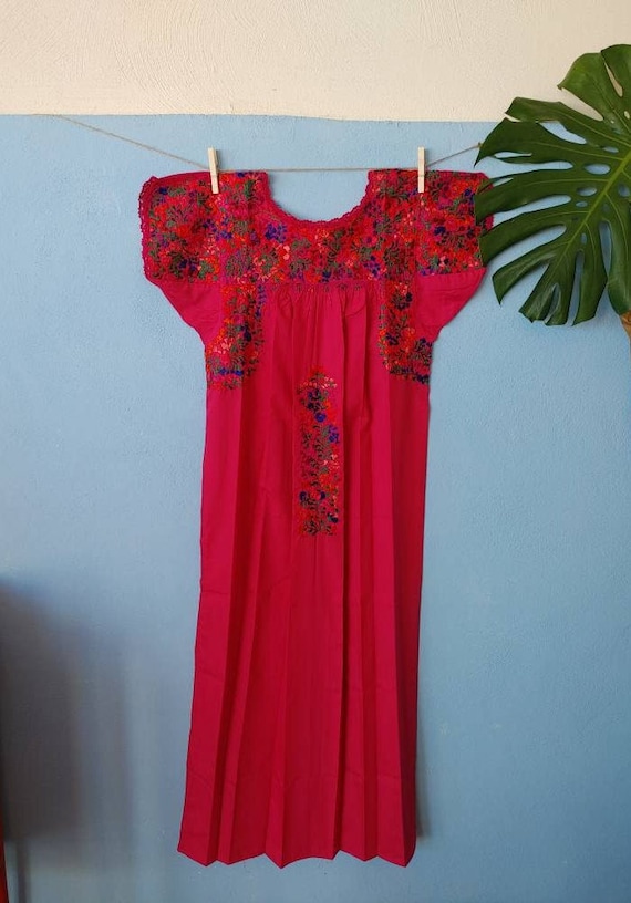 Mexican hand embroidered dress * SAN ANTONINO * turquoise / magenta, Size S, pre-breast, holiday dress, beach wedding, bohohemian-chic dress