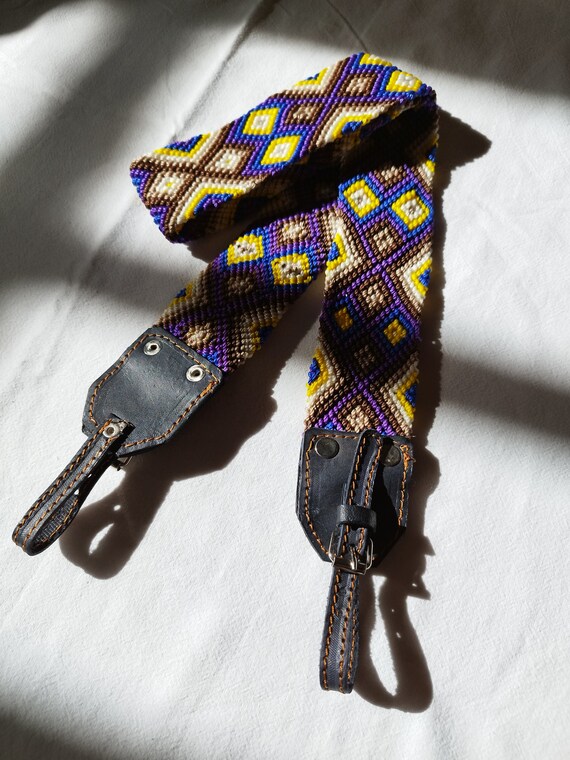 camera strap bohemian style macrame and leather, ethnic bag strap, gift for photographer, photography accessory, photograph gift