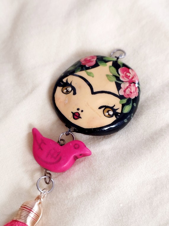 Frida charm hand painted with pom pom, Frida Kahlo jewelry, vintage cutie face, gift for artist, frida kahlo gifts, gift for best friend