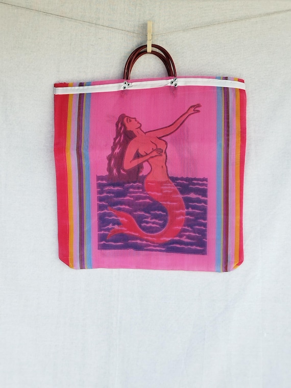 tote bag* THE MERMAID *, orange, shopping bag, reusable, mesh bag, beach bag, Mexican tote bag, clear plastic