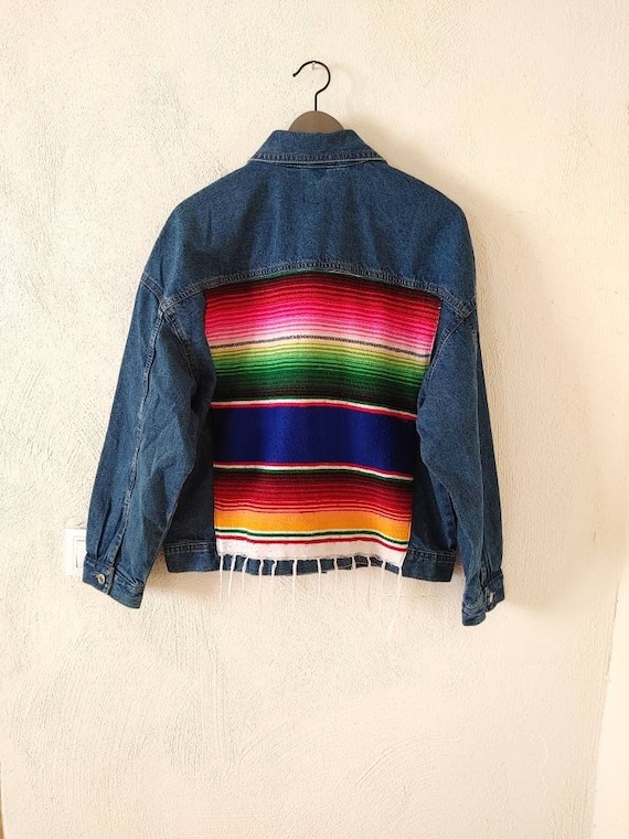 mexican sarape denim jacket boho style oversized, jeans vintage jacket for women, ethnic denim jacket,  sarape jacket , gift for girlfriend