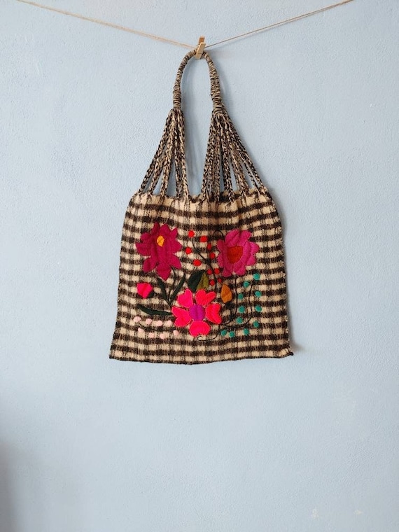 Hand embroidered wool Vichy bag. HAMMOCK. winter bag. bohemian style bag. mexican bag. plaid tote bag. vintage 60s bag