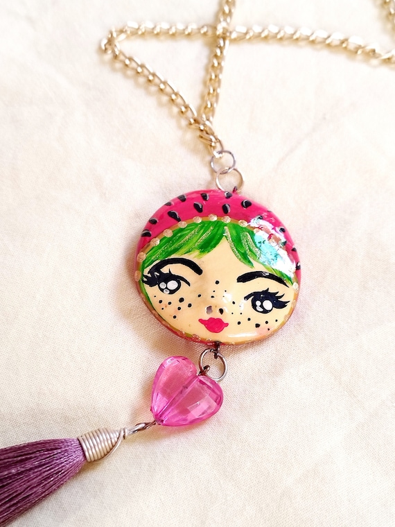 pinup face necklace hand painted, necklace chain for women, mexican doll necklce, artist gift , art lover gift, freckled girl gift