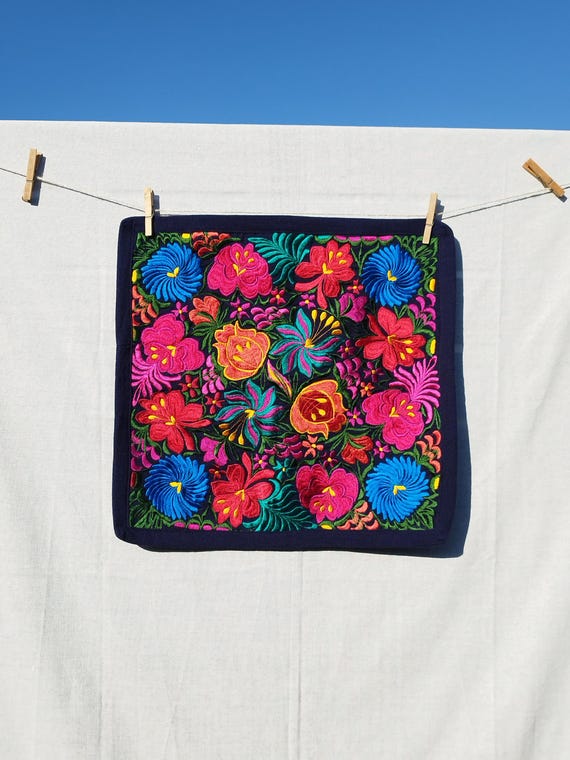 blue floral pillow cover. SAN CRISTOBAL. Mexican floral cushon. Bohemian style decorative pillowcase. embroidered mexican cushion. ethnic