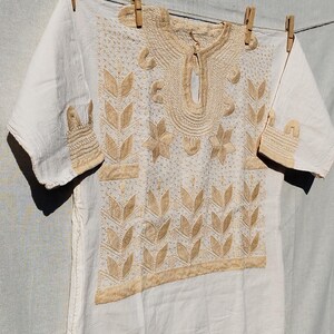 embroidered mexican blouse beige MILPA onesize, French sleeve top,bohemian, handmade ethnic clothing, hand embroidered vintage blouse