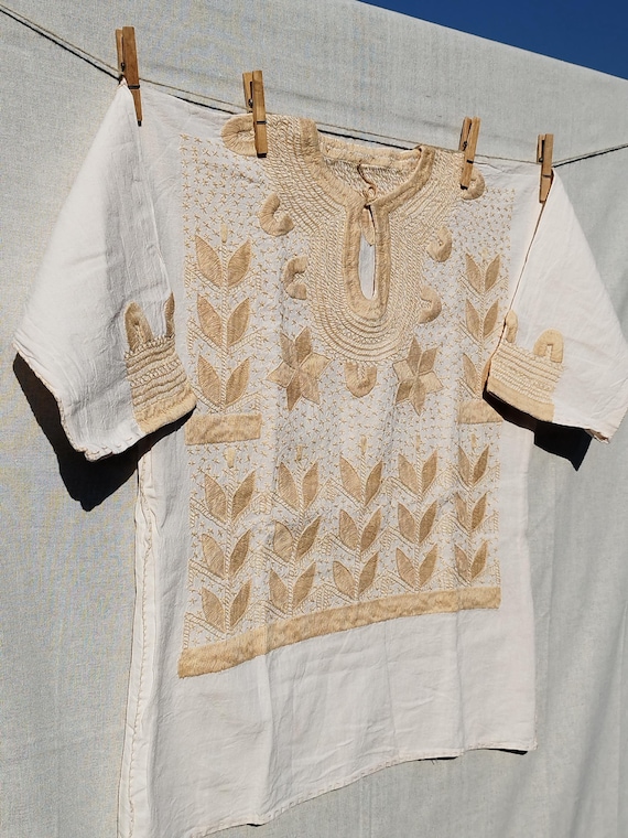 embroidered mexican blouse beige MILPA onesize, French sleeve top,bohemian, handmade ethnic clothing, hand embroidered vintage blouse