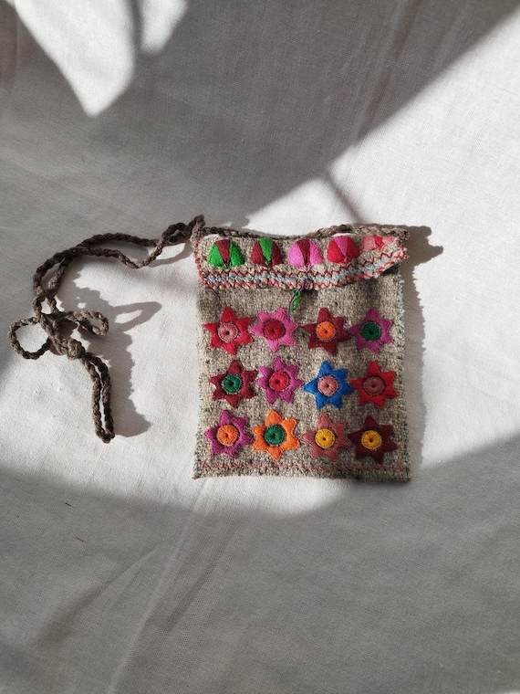 bohemian handmade bag, wool embroidered crossbody bag *MAYAN FLOWERS* artisan cross body wood bag vintage folk-boho