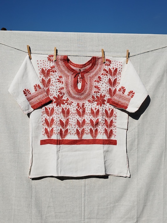 embroidered mexican blouse rustic brick MILPA onesize, French sleeve top,bohemian, handmade ethnic clothing, hand embroidered vintage blouse